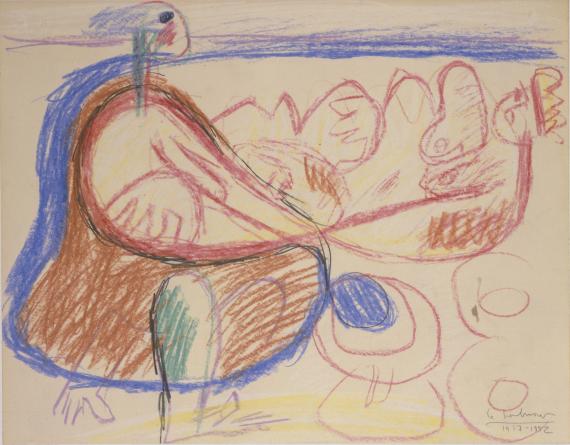 Le Corbusier, "Deux femmes autour d'un compotier et de deux tasses", 1952 pastel and pencil on paper 32,8 x 43,2 cm